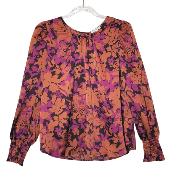 Pleione Floral Silky Blouse Scoop Neck Long Sleeve Purple Orange Black Top Large - Picture 1 of 13